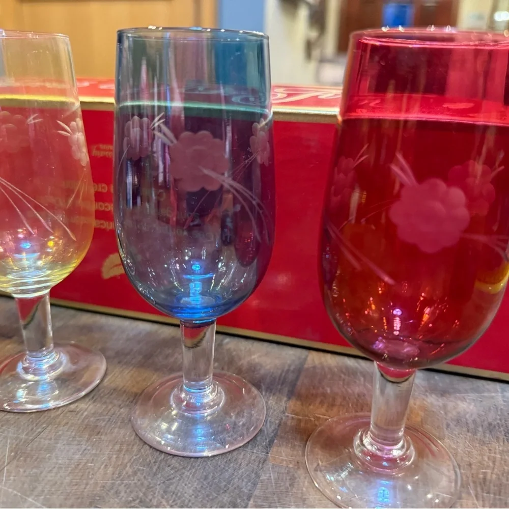 5” Etched Floral Colored Small Stemmed Glasses - Set of 5 Blue, Yellow, Red
